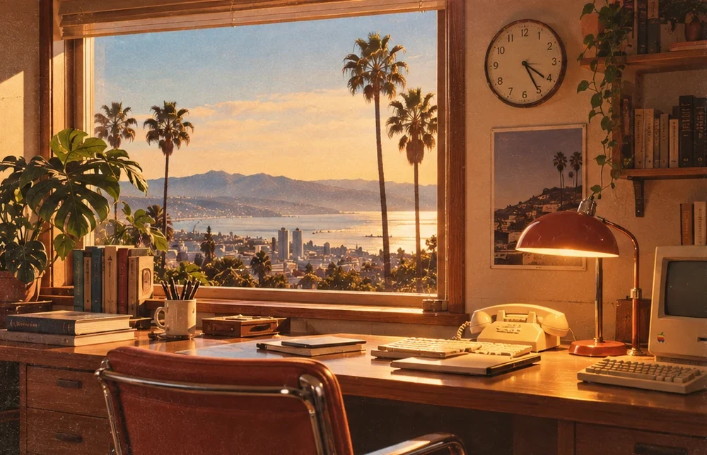 A sunlit 1980s California study: a walnut desk with a lamp, books and a plant in front of a window onto palm trees and the coast.